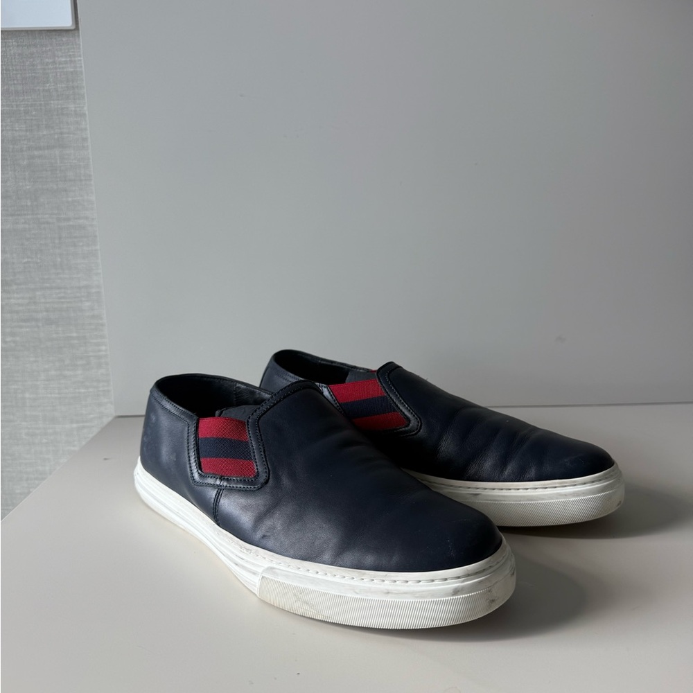 Gucci Men's Navy Slip-On Shoes with Red Accents